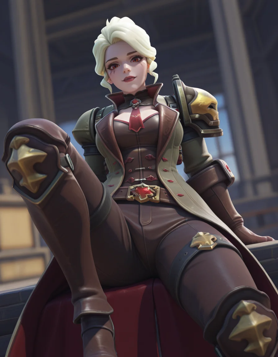 score_9,score_8_up, score_7_up, high-res, 2k, best quality, 2.5d, 1girl,  vampire hunter brig, brigitte (overwatch) <lora:Vampire_brig_illus-000037:1>  Sitting with one leg bent and the other extended