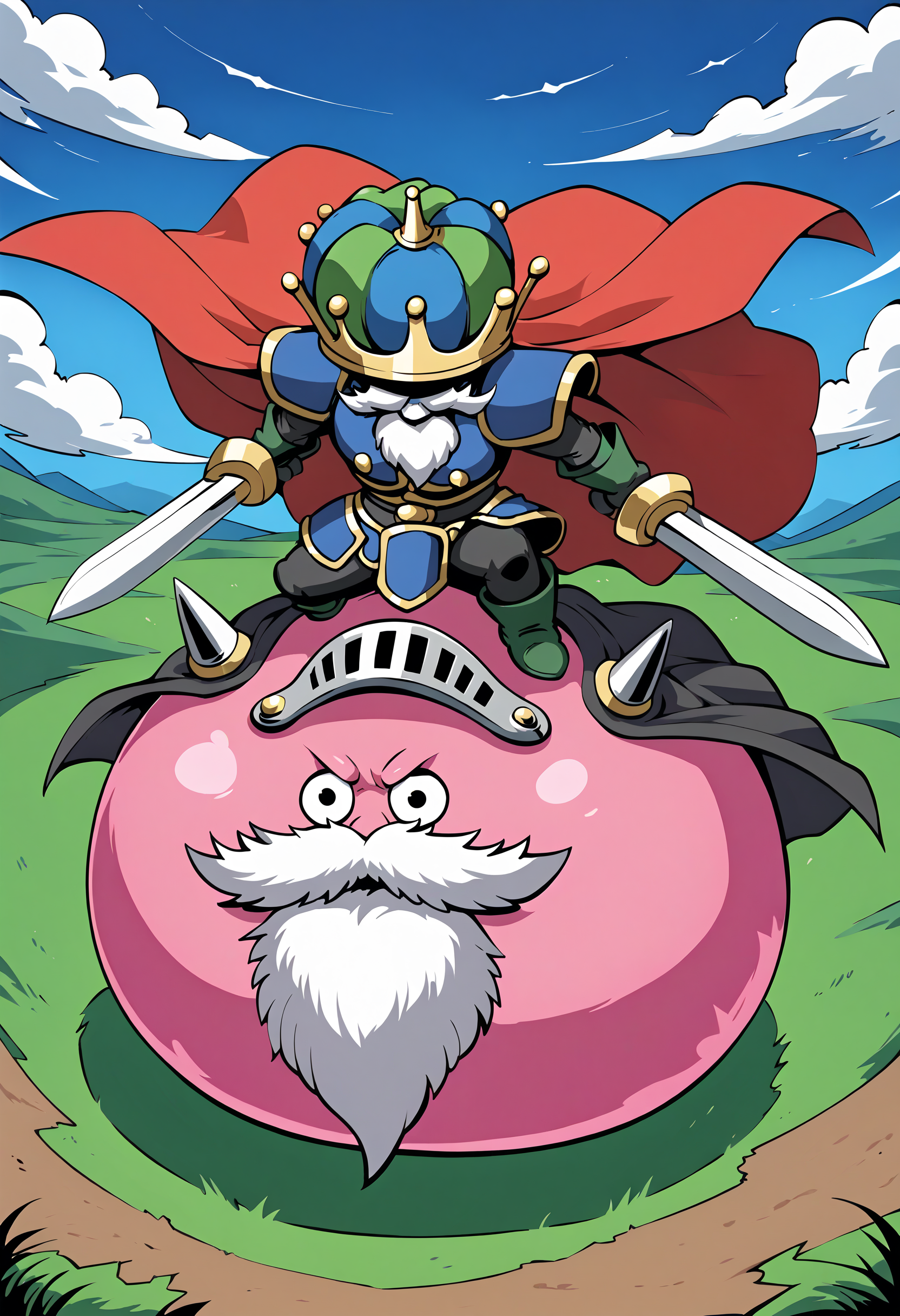 score_9,score_8_up,score_7_up,best quality,masterpiece,super detailed,extreme detailed,full_body,zPDXL BREAK (nature:1.1),(field:1.1),
<lora:Pony_DetailV2.0:1> BREAK shogum,slime (dragon quest),armor,beard,cape,crown,dual wielding,holding sword,no humans,riding,<lora:shogum-000028:0.8>,sketch,
