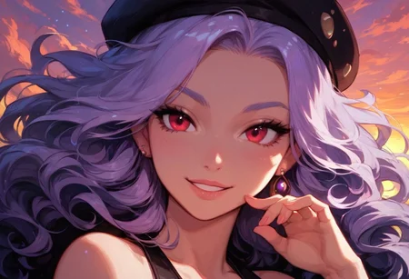 score_9, score_8_up, score_7_up, cute, faded bright colours, ultra detailed, dynamic sunlights, dynamic shades, one cute girl, cute Brazilian woman, backyard, black leather jacket, beret, laughing, delighted, slender, light purple hair, curly hair, shiny-red eyes, smile, bare shoulder, black leather jacket, looking at viewer, sunset, beach boardwalk, dynamic pose, high angle shot..
In the dimly lit chamber, the enchantress' eyes sparkled with a tantalizing promise, their depths shimmering like twin stars. Her gaze, intense and mesmerizing, held the power to captivate and ensnare. The soft glow of the firelight played across her delicate features, highlighting the allure of her enigmatic smile. Draped in flowing, ethereal robes that clung to her graceful form, she moved with a fluid elegance that seemed almost otherworldly. Each glance she cast was a silent invitation, filled with the unspoken allure of secrets and desires yet to be revealed. The air around her thrummed with a subtle, magical energy, as if the very atmosphere responded to her presence. Those who met her gaze felt a magnetic pull, drawn into the spellbinding promise of her eyes, unable to look away.