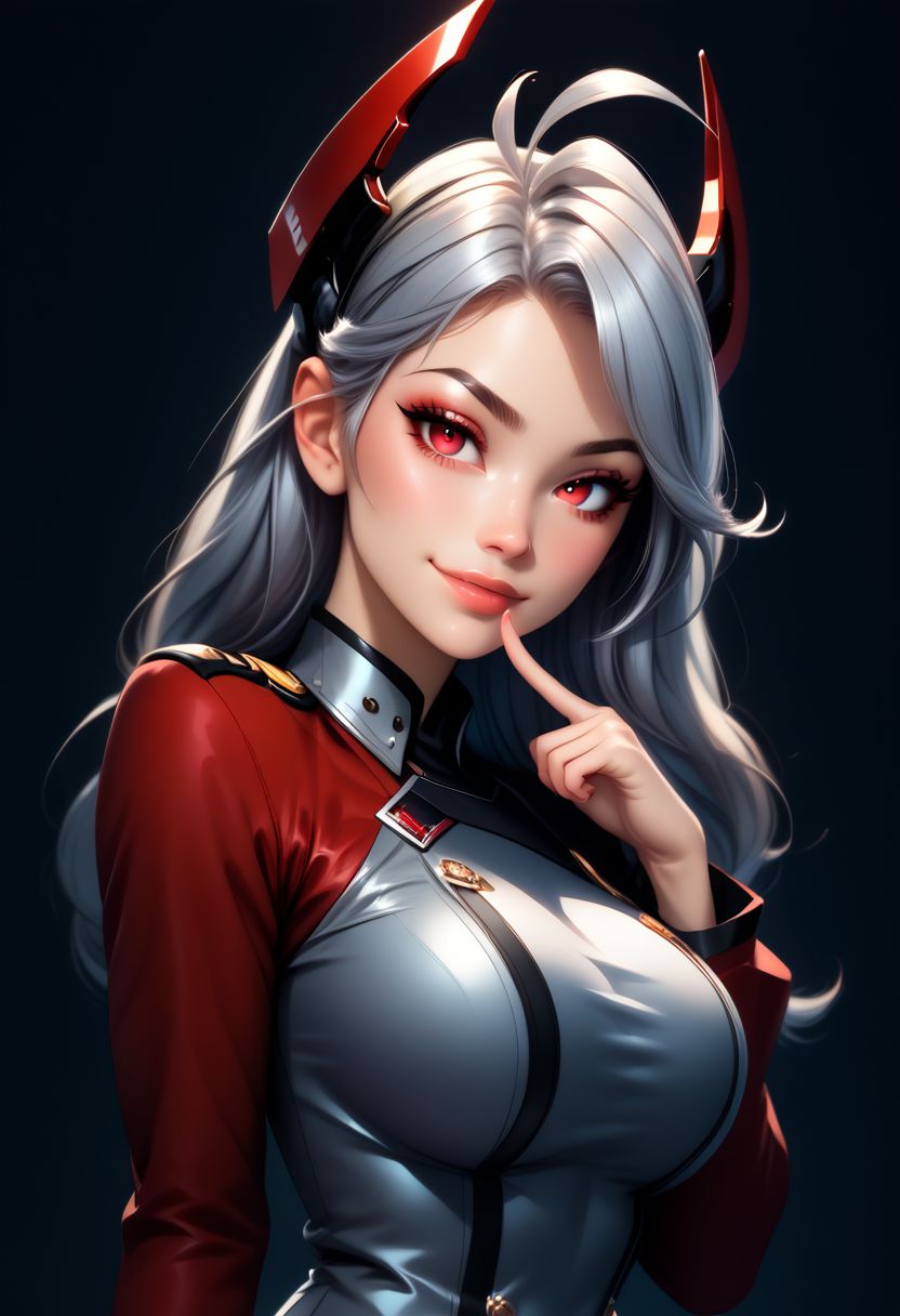 score_9, score_8_up, score_7_up, score_6_up, score_5_up, score_4_up score_9,score_8_up, digital art, upper body shot, realistic 3D illustration, 
BREAK, 
zzPrinz, 1girl, solo, silver hair, long hair, red eyes, headgear, antenna hair, 
grey uniform, red sleeves, finger to mouth, 
head tilt, slight smile, smug, 
BREAK, 
soft lighting, contemplative expression, dark background, subtle makeup, high-resolution, detailed texture, emotional depth, dramatic mood, side profile, serene atmosphere, cinematic lighting. perfectly round breasts, big breasts, firm breasts, SkinHairDetail, eye contact, looking at viewer,