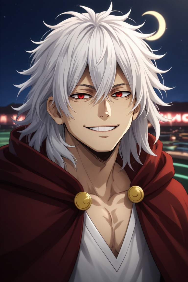 score_9, score_8_up, score_7_up, source_anime, rating_safe, , (photorealistic:0.6), looking at viewer, depth of field, 1boy, solo, male focus, <lora:tomura_shigaraki_pony:0.84>, tomura_shigaraki, white hair, red eyes, long hair, messy hair, cloak, cape, teeth, smile, , from above, las vegas, casino, night, crescent moon, (pose), giggling, ,, <lora:sdxl_lightning_8step_lora:1>