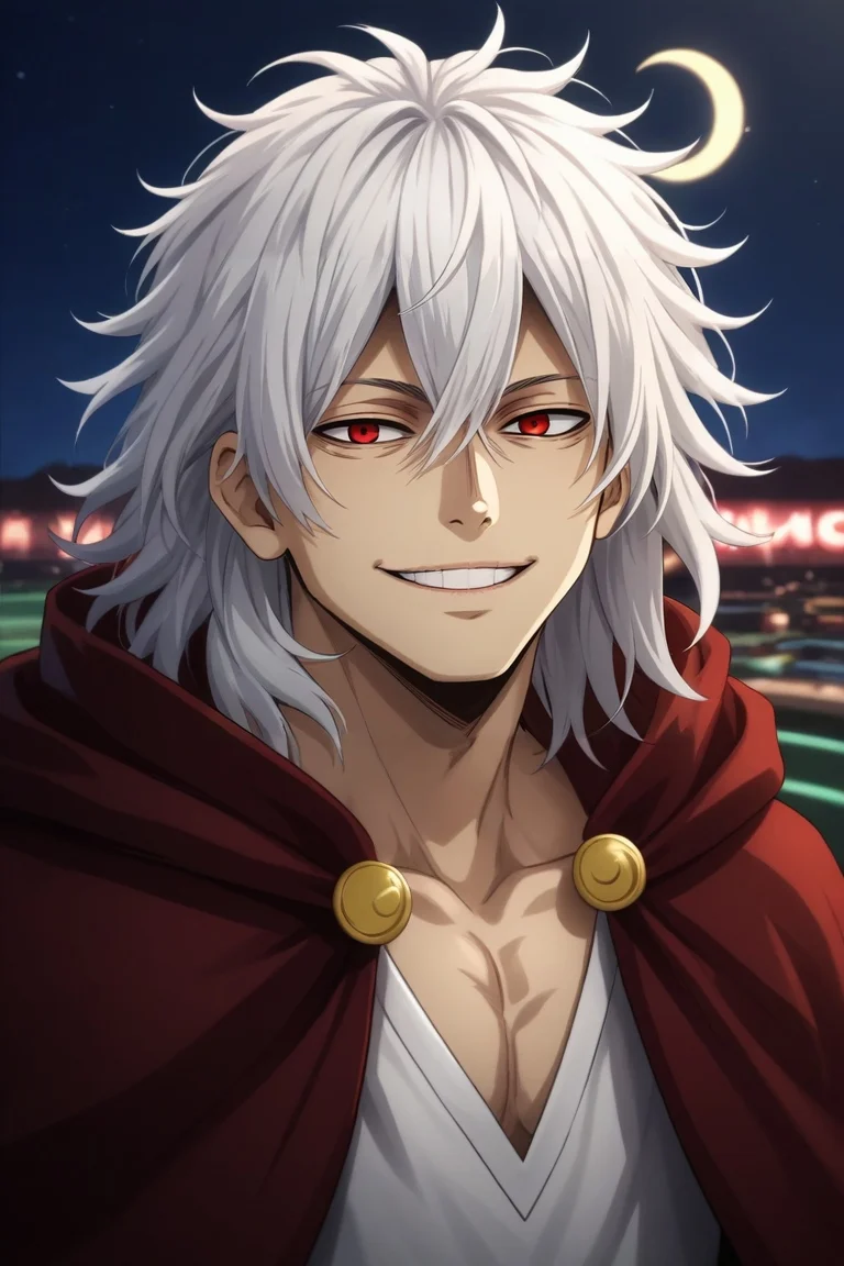 score_9, score_8_up, score_7_up, source_anime, rating_safe, , (photorealistic:0.6), looking at viewer, depth of field, 1boy, solo, male focus, <lora:tomura_shigaraki_pony:0.84>, tomura_shigaraki, white hair, red eyes, long hair, messy hair, cloak, cape, teeth, smile, , from above, las vegas, casino, night, crescent moon, (pose), giggling, ,, <lora:sdxl_lightning_8step_lora:1>