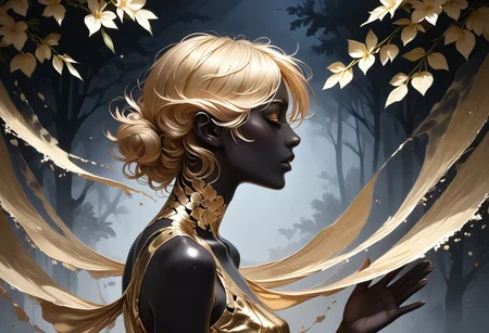 zPDXL3, ((score_9, score_8_up, score_7_up)), masterpiece, detailed, perfect face, perfect anatomy, 1boy, Cyrus the great, elven ears, slim body, black skin, golden dress, reaching, flower tree, silhouette_with_gold_foil, abstract, metallic shine, from side, dark background,