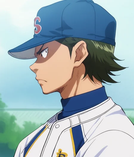 score_9, score_8_up, score_7_up, <lora:Kuramochi:0.8>, 1boy, solo, Kuramochi Yoichi, green hair, baseball cap, baseball uniform, hat, profile, sportswear, serious, upper body, outdoors, male focus,
