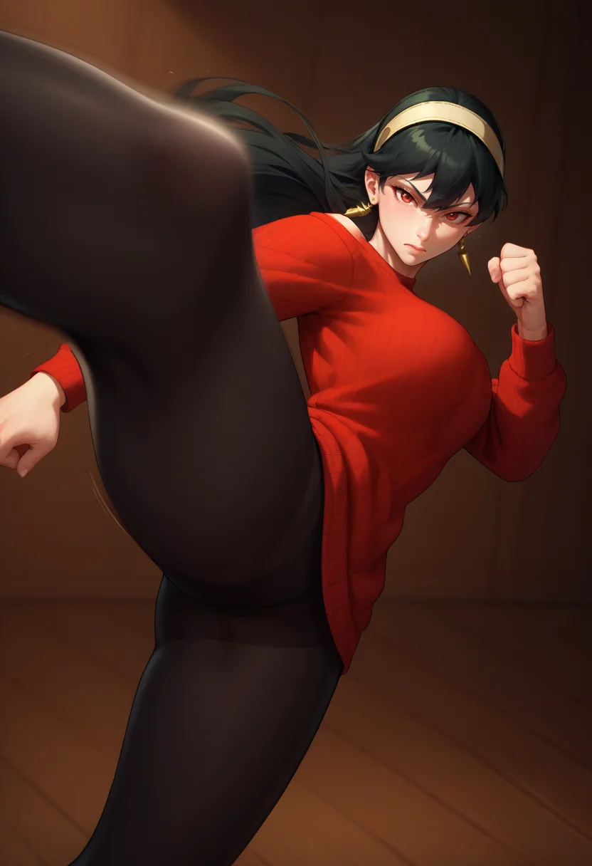 score_9, score_8_up, score_7_up, 1girl, kicking, kicking at viewer, <lora:KickingAtViewer_XLPD:1>, looking at viewer, motion lines, motion blur, yor briar, red sweater, black pantyhose, earrings, white headband, black hair,