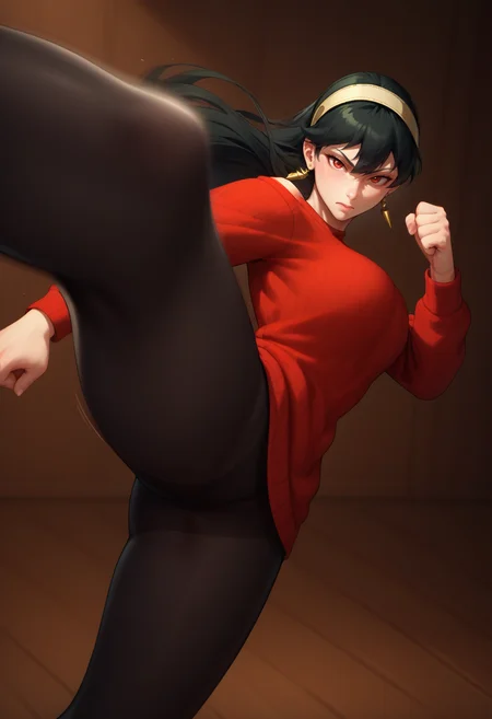 score_9, score_8_up, score_7_up, 1girl, kicking, kicking at viewer, <lora:KickingAtViewer_XLPD:1>, looking at viewer, motion lines, motion blur, yor briar, red sweater, black pantyhose, earrings, white headband, black hair,