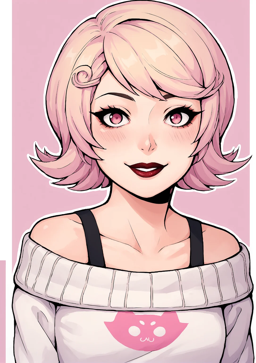 score_9, score_8_up, score_7_up, score_6_up, score_5_up, score_4_up, 2d, anime, anime artstyle, simple shadows, flat coloring, flat shadows, thick lines, white outline, <lora:Roxy_Lalonde_-_Homestuck__Variant_canon_outfits__SDXL_Pony:1> roxlal, 1girl, solo, looking at viewer, blush, smile, short hair, blonde hair, simple background, hair ornament, bare shoulders, pink hair, artist name, signature, pink eyes, off shoulder, sweater, lips, makeup, border, pink background, lipstick, portrait, off-shoulder sweater, bra strap BREAK source_anime