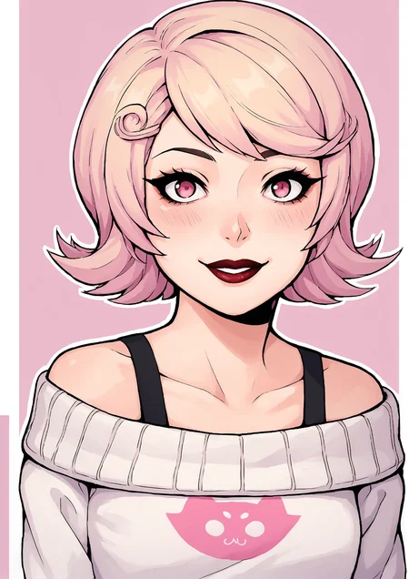 score_9, score_8_up, score_7_up, score_6_up, score_5_up, score_4_up, 2d, anime, anime artstyle, simple shadows, flat coloring, flat shadows, thick lines, white outline, <lora:Roxy_Lalonde_-_Homestuck__Variant_canon_outfits__SDXL_Pony:1> roxlal, 1girl, solo, looking at viewer, blush, smile, short hair, blonde hair, simple background, hair ornament, bare shoulders, pink hair, artist name, signature, pink eyes, off shoulder, sweater, lips, makeup, border, pink background, lipstick, portrait, off-shoulder sweater, bra strap BREAK source_anime