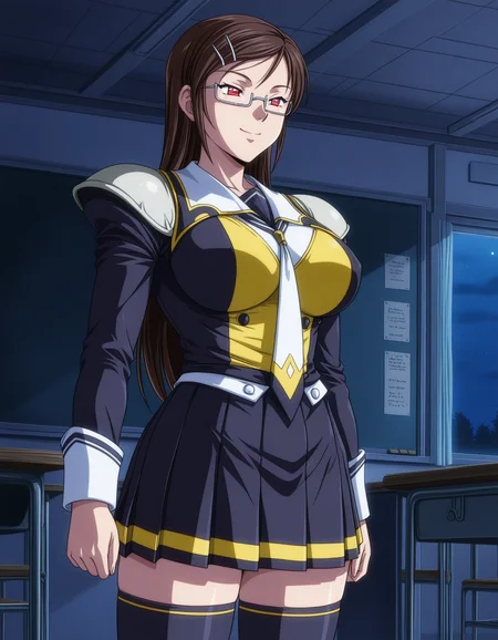 1girl, solo, kaneda maiko, brown hair, long hair, hairclip, red eyes, under-rim eyewear, silver glasses, smile, narrowed eyes, closed mouth, large breasts, St_Arcadia_Uniform, school uniform, black and yellow clothes, shoulder pads, white necktie, long sleeves, pleated skirt, black thighhighs, slouching, classroom, night, dark theme, low light, anime coloring, retro artstyle <lora:kaneda_maiko_ilxl_v1-hs:0.7>