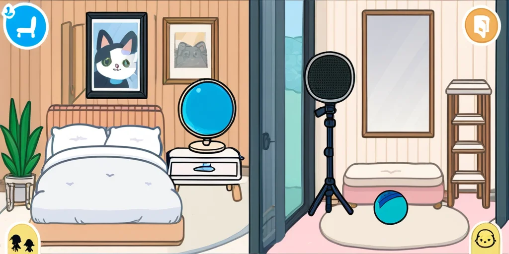 The image is an illustration of a living room with various items scattered around the room. On the left side of the image, there is a dressing table with a mirror and a stool. Next to the dressing table, there are two framed pictures hanging on the wall. In the center of the room, there appears to be a bed with a white comforter and a wooden headboard. On top of the bed is a small table with two potted plants and a picture frame with a picture of a cat on it. 

On the right side of this image, on the bottom right corner, is a camera on a tripod with a camera lens attached to it. In front of the camera is a microphone with a microphone stand. There are also a few other items on the floor, including a pink suitcase, a blue ball, and a pair of headphones.

The room has a beige carpet and a window with white curtains. The overall style of the illustration is cartoon-like and playful.

highly detailed, full of details, masterpice, scenary, healing color tone