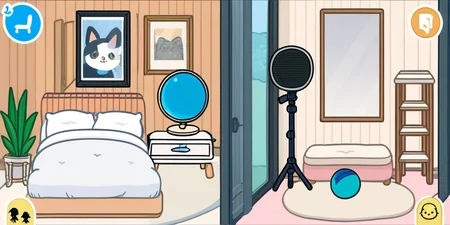 The image is an illustration of a living room with various items scattered around the room. On the left side of the image, there is a dressing table with a mirror and a stool. Next to the dressing table, there are two framed pictures hanging on the wall. In the center of the room, there appears to be a bed with a white comforter and a wooden headboard. On top of the bed is a small table with two potted plants and a picture frame with a picture of a cat on it.
On the right side of this image, on the bottom right corner, is a camera on a tripod with a camera lens attached to it. In front of the camera is a microphone with a microphone stand. There are also a few other items on the floor, including a pink suitcase, a blue ball, and a pair of headphones.
The room has a beige carpet and a window with white curtains. The overall style of the illustration is cartoon-like and playful.
highly detailed, full of details, masterpice, scenary, healing color tone
