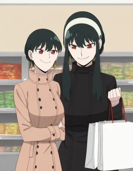 score_9, score_8_up, score_7_up, source_anime, <lora:yor-briar-s1-illustrious-lora-nochekaiser:1>, yor briar, black hair, red eyes, earrings, white hairband, hairband, long hair, sidelocks, large breasts,, coat, trench coat,, grocery store, cashier, shopping bag, scanning items, small talk, everyday routine, , , smug, solo,, cowboy shot, dutch angle