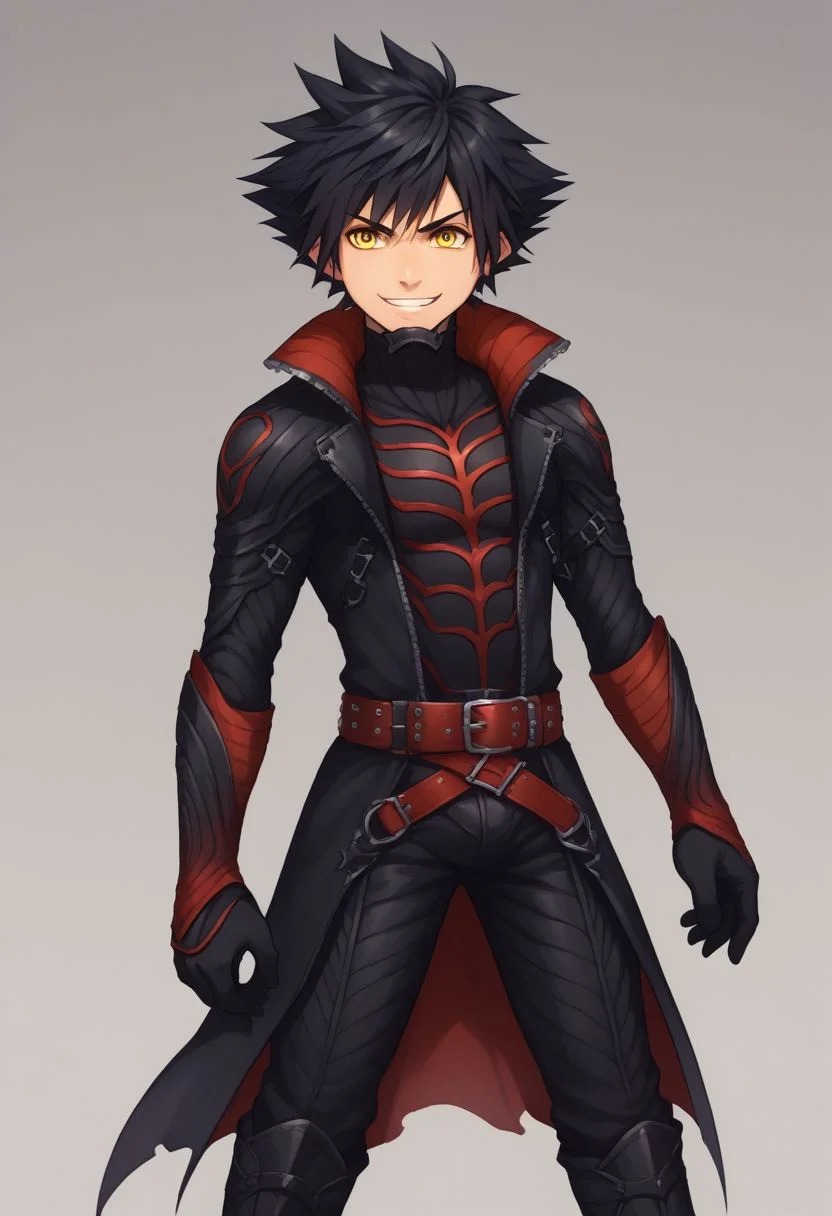 score_9, score_8_up, source_anime, highly detailed, 1boy, solo, male_focus,
vanitas, solo, 1boy, male focus, spiked hair, black hair, yellow eyes, boots, belt, knee boots, gloves, bodysuit, grin, evil,
