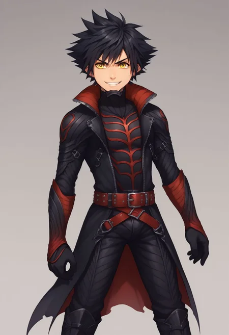 score_9, score_8_up, source_anime, highly detailed, 1boy, solo, male_focus,
vanitas, solo, 1boy, male focus, spiked hair, black hair, yellow eyes, boots, belt, knee boots, gloves, bodysuit, grin, evil,
