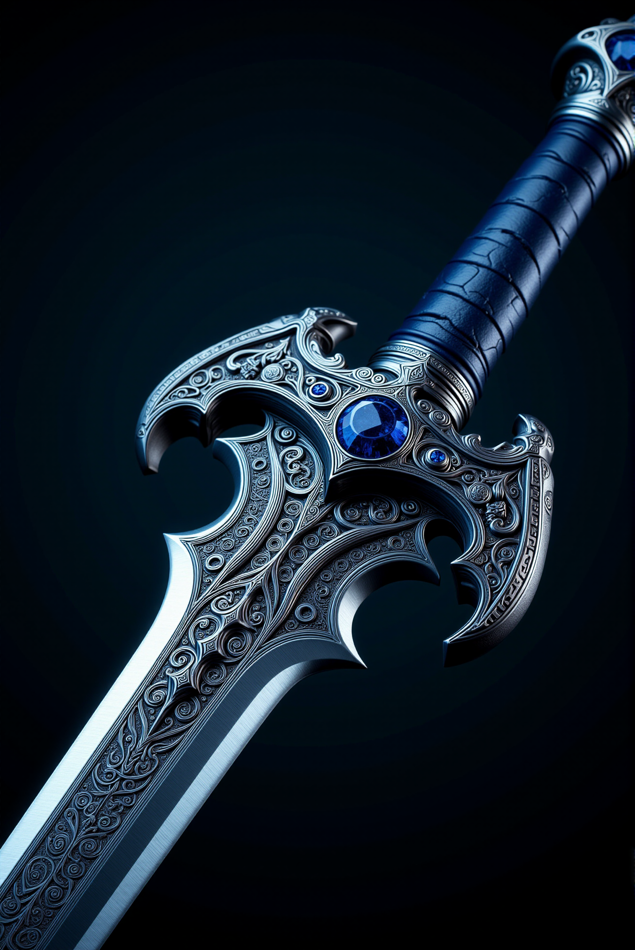 <lora:Cold_Weapon:0.7> ColdWeapons style. This image showcases  a macro shot of an exquisitely designed sword, a true masterpiece of craftsmanship blending intricate artistry with formidable lethality. The sleek blade, forged from polished steel with a mirror-like finish, is adorned with an elaborate engravings. The hilt and guard are ornately sculpted, featuring elaborate filigree and gothic motifs in blued steel, accentuated by deep carvings and swirling patterns reminiscent of ancient mystical runes. The crossguard extends into sharply curved talons, echoing the wave form, creating an imposing silhouette that speaks of both elegance and destruction. Subtle gemstones are embedded within the hilt, shimmering with an inner light that suggests latent magical energy coursing through the weapon. The handle, wrapped in darkened leather, offers an ergonomic grip, ensuring both comfort and precise control. Every detail, from the elegant curvature of the blade's edge to the subtle interplay of light and shadow across its engravings, conveys a sense of power and history, as though this sword has witnessed legendary battles and awaits the hand of a worthy warrior to wield its might once more.