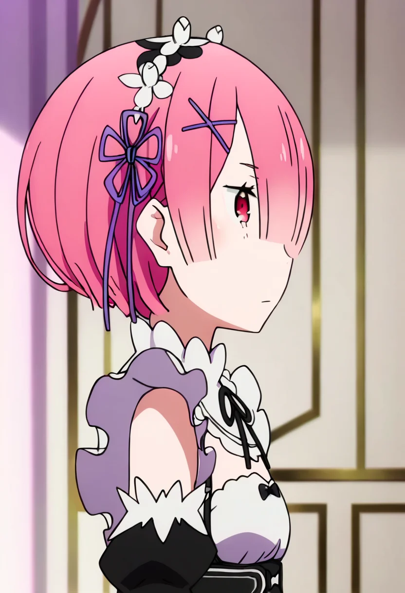 <lora:ram_(rezero):1> ram, 1girl, ram (re:zero), solo, pink hair, short hair, roswaal mansion maid uniform, hair ornament, detached sleeves, maid, x hair ornament, from side, ribbon, maid headdress, upper body, pink eyes, indoors, profile, hair ribbon, red eyes, purple ribbon