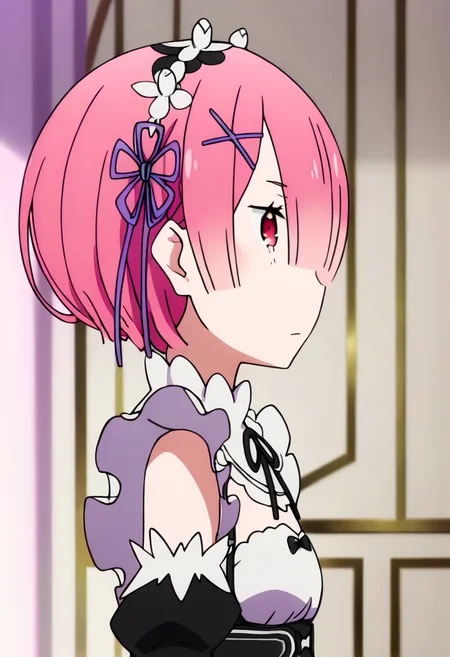 <lora:ram_(rezero):1> ram, 1girl, ram (re:zero), solo, pink hair, short hair, roswaal mansion maid uniform, hair ornament, detached sleeves, maid, x hair ornament, from side, ribbon, maid headdress, upper body, pink eyes, indoors, profile, hair ribbon, red eyes, purple ribbon