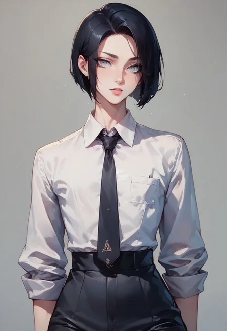score_9, score_8_up, score_7_up, 1boy, femboy, otoko no ko, short hair, bob cut hair, black hair, grey eyes, gray eyes, feminine face, toned body, Shelly, business attire, highly detailed, intricate, zzCitronCAT, pose, modelshoot