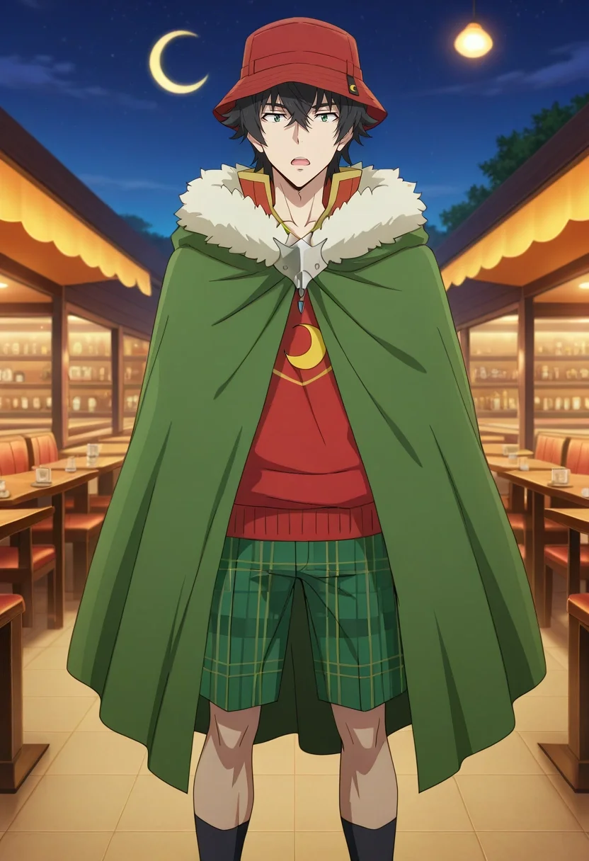 masterpiece, best quality, , anime screencap, anime coloring, , looking at viewer, 1boy, solo, male focus, <lora:naofumi_iwatani_ilxl:0.94>, naofumi_iwatani, black hair, green eyes, short hair, hair between eyes, bangs, green cape, fur trim, symmetry, restaurant, night, crescent moon, standing, open mouth, Citrine Plaid Jacquard Golf shorts, Ruby Geometric Terry cloth Sweatshirt, Penny loafers, Bucket hat, and andRucksack