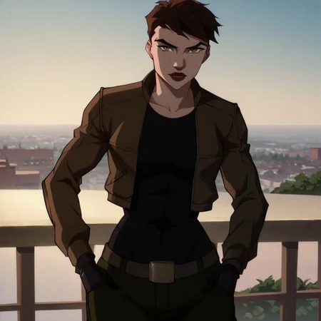 score_9, score_8_up, score_7_up, 1girl, solo, lipstick, brown hair, short hair, brown eyes, breast, black shirt, brown jacket, gloves, Scandal Savage (dc), looking at viewer, pants belt, balcony,