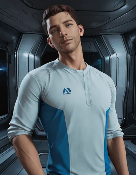 masterpiece, best quality, absurdres, newest, perfect quality, best quality, absolutely eye-catching, detailed background, intricate details, male focus, solo, realistic, <lora:Mass Effect Andromeda - Scott Ryder - Illustrious-000010:0.6>, s_ryder, 1boy, brown hair, light blue eyes, stubble, white two-tone shirt, sleeves rolled up, spacecraft interior, space, contrapposto, looking at viewer, upper body, head tilt, flirty