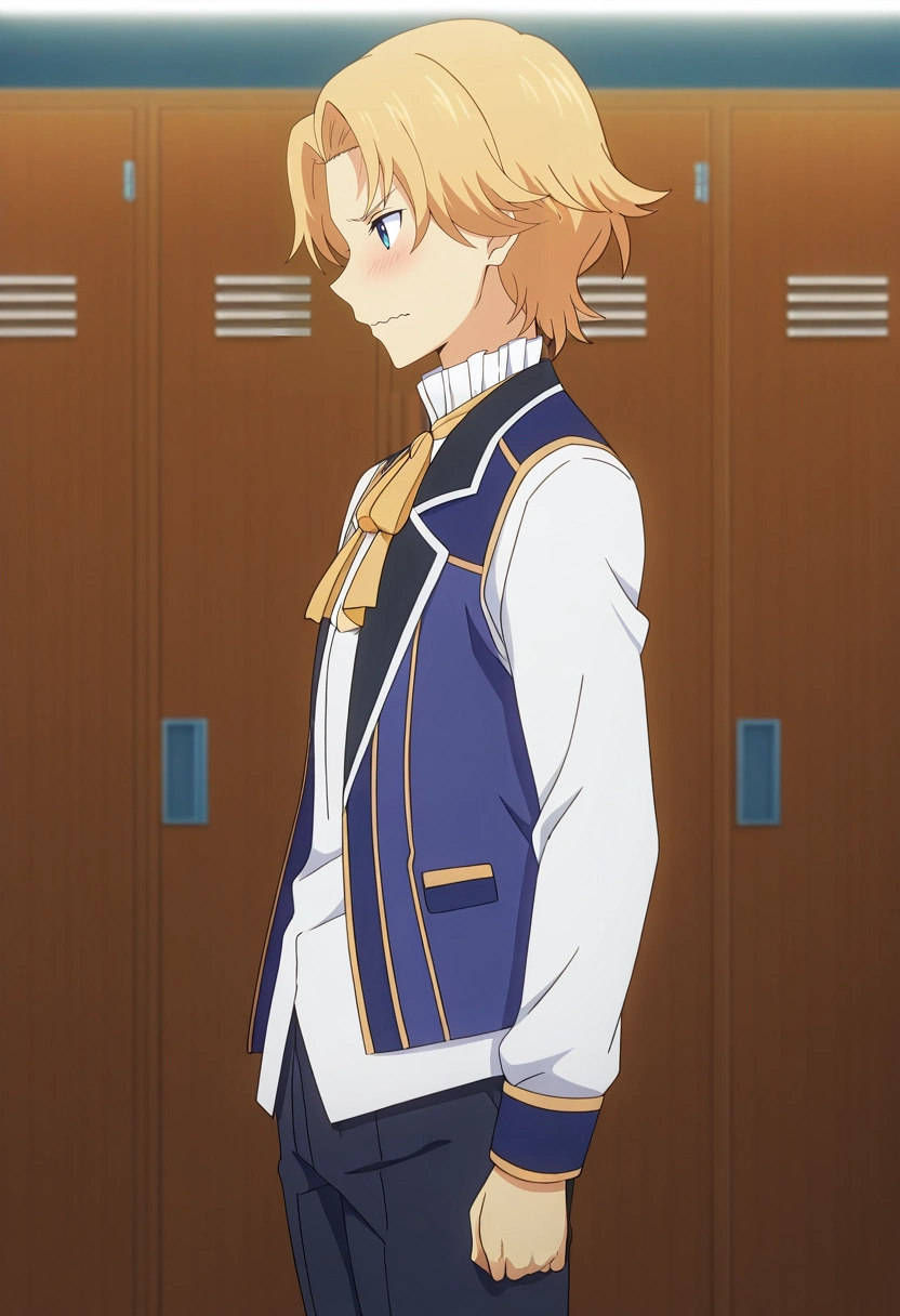 masterpiece, best quality, anime screencap, official style, anime coloring, cowboy shot, 1boy, solo, male focus, <lora:august_von_earlshide_ilxl:0.98>, august_von_earlshide, blonde hair, blue eyes, short hair, , profile, locker room, indoors, light, legs together, wavy mouth, closed mouth,