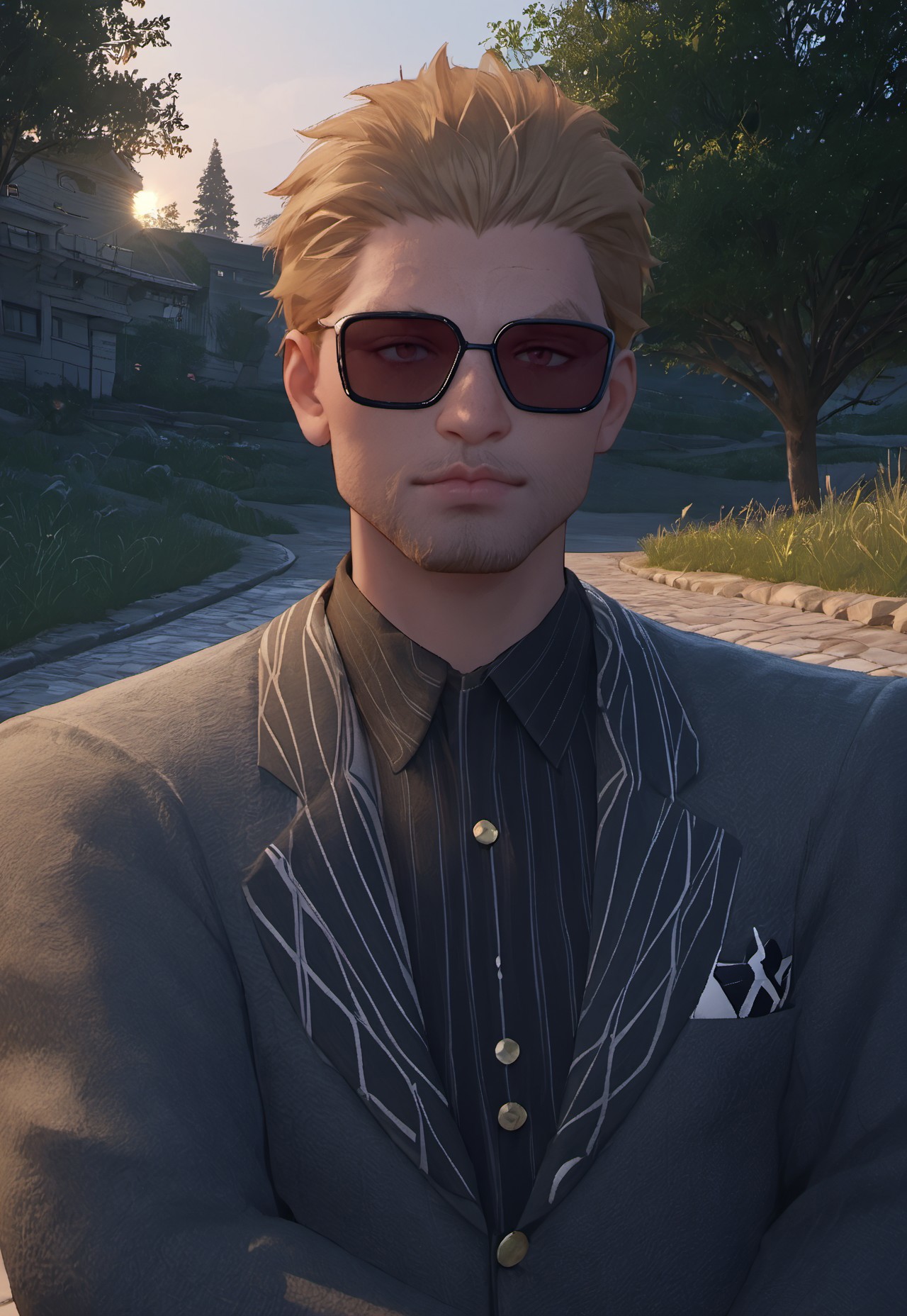 safe_pos, score_9, score_8_up, score_7_up, source_anime, rating_nsfw, ultra hd, absurdres, solo, masterpiece, best quality, best aesthetic, Expressiveh, wolfconf, burankoprn!, 1boy

InfinityNRicardo, short hair, blonde hair, sunglasses, facial hair, suit, outside, morning, looking at viewer, portrait, headshot