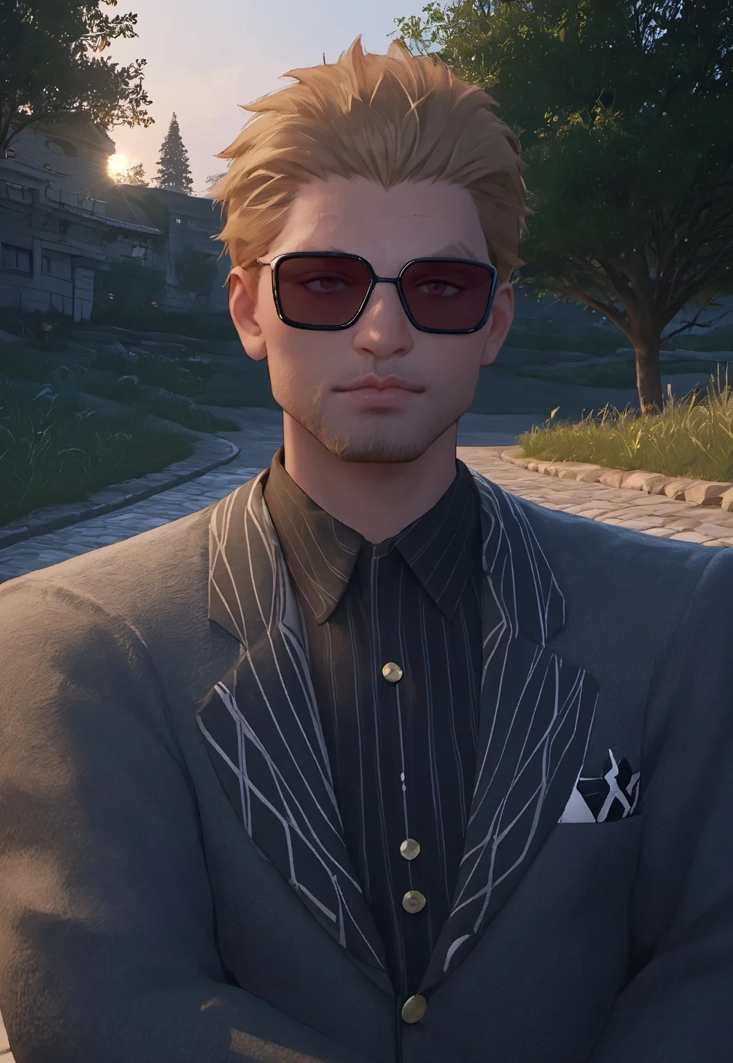 safe_pos, score_9, score_8_up, score_7_up, source_anime, rating_nsfw, ultra hd, absurdres, solo, masterpiece, best quality, best aesthetic, Expressiveh, wolfconf, burankoprn!, 1boy
InfinityNRicardo, short hair, blonde hair, sunglasses, facial hair, suit, outside, morning, looking at viewer, portrait, headshot