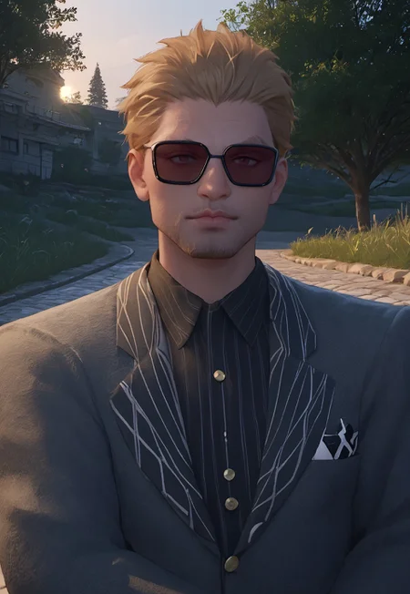 safe_pos, score_9, score_8_up, score_7_up, source_anime, rating_nsfw, ultra hd, absurdres, solo, masterpiece, best quality, best aesthetic, Expressiveh, wolfconf, burankoprn!, 1boy

InfinityNRicardo, short hair, blonde hair, sunglasses, facial hair, suit, outside, morning, looking at viewer, portrait, headshot