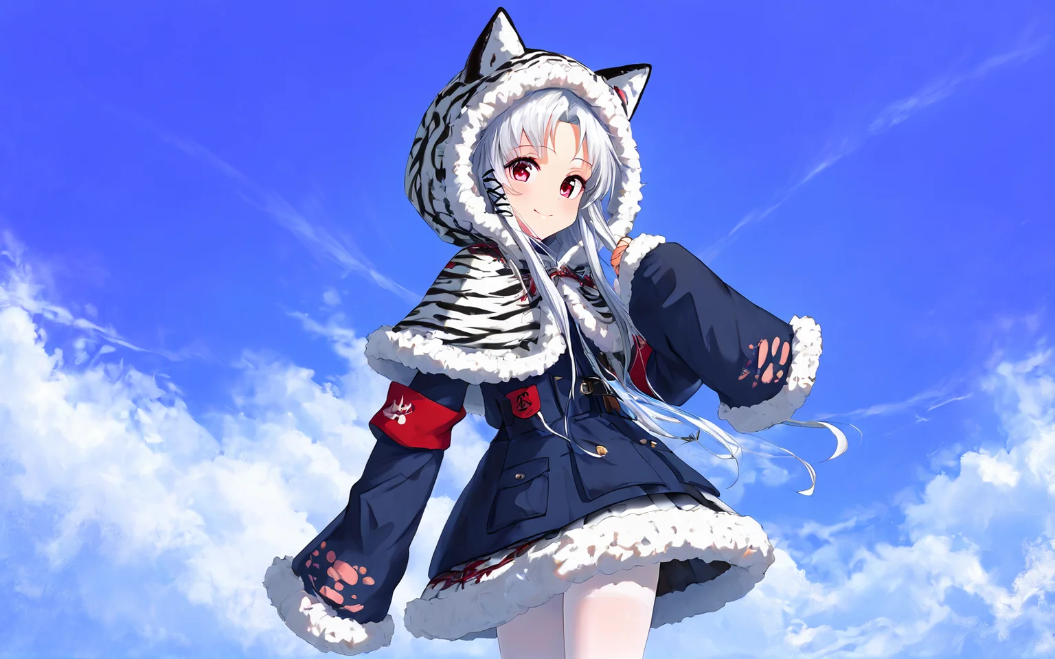 score_9,score_8_up,score_7_up,,source_anime BREAK, 1girl, solo,, s1_dram, ass focus , smile,, ,acc, default, 1girl, binoculars, solo, sleeves past wrists, fur trim, sleeves past fingers, pantyhose, long hair, long sleeves, fur-trimmed sleeves, animal hood, red eyes,white pantyhose, tiger print, parted bangs, fur-trimmed hood, looking at viewer, animal ears, armband, white hair, fake animal ears, capelet, hood up, animal print, coat,, jacket, fur-trimmed capelet<lora:S1_Dramatic_Lighting_v2:0.8>,<lora:é¿æ¥:1>