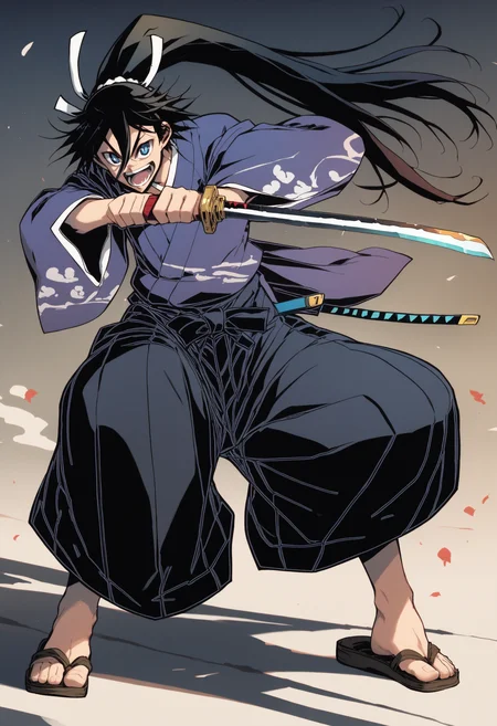 score_7_up, weapon, sword, japanese clothes, 1boy, katana, long hair, solo, holding weapon, holding, holding sword, black hair, open mouth, kimono, hakama, sheath, blue eyes, wide sleeves, sandals, smile, black hakama, looking at viewer, full body, ponytail, skirt, ribbon, white ribbon, hakama pants, hair between eyes, long sleeves, pants, hakama skirt, hair ribbon, horns
, <lora:Fukuda_Hiroshi_PonyXL_dim40:1>