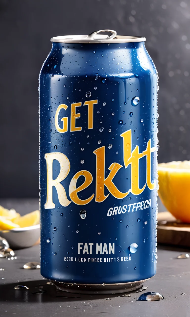 <lora:bevlabsdxl:0.9>,a beer can with drunk fat man,  text "Get rekt", bevlabsdxl,  best quality, masterpiece, water droplets, logo, fancy beer,