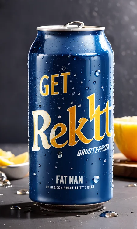 <lora:bevlabsdxl:0.9>,a beer can with drunk fat man,  text "Get rekt", bevlabsdxl,  best quality, masterpiece, water droplets, logo, fancy beer,