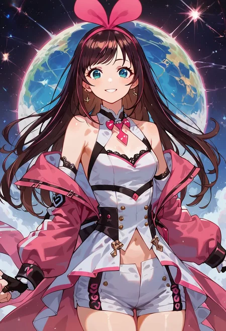 score_9, score_8_up, score_7_up, rating_safe, Expressiveh, concept art, ultra detailed, one girl, (kizuna ai), makeup, seductive smile, piercing, shiny skin, small breast, thin waist, long dress, pink coat, bare shoulder, (looking at viewer), cyber space, cowboy shot, ai
