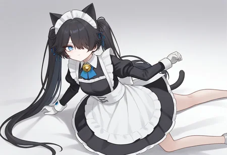 (Maid-kasli), solo, white gloves, dress, hair over one eye, maid apron, blue eyes, twintails, cat ears, maid headdress, maid, gloves, 1girl, apron, juliet sleeves, long sleeves, long hair, black hair, animal ears, bell,(Fall down),