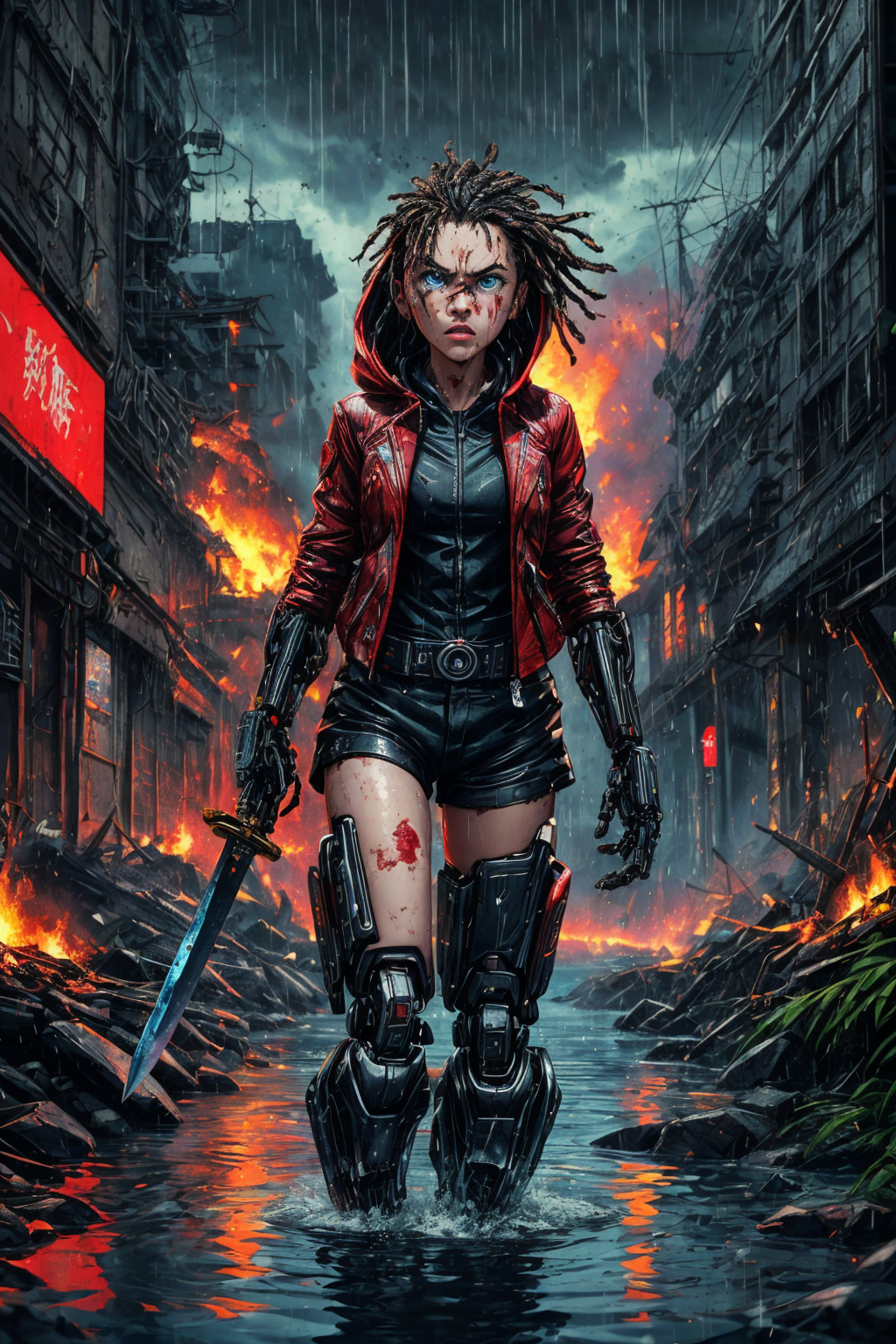 (RAW photo, 8k uhd, Analog style, Masterpiece, Best Quality, Highres:1.4), (dramatic, cinematic:1.2), BREAK,
movie shot of (african:1.3) female (cybernetic:1.4) (android:1.3), (intricate:1.15) (red:1.3) (leather coat, shorts, hoodie:1.3), (dirty:1.1), (tattoos:1.2), (dreadlocks:1.2), glowing (big blue eyes:1.1), (blood, wounds:1.2), front view, (angry:1.2) (frown:1.2) furious face, looking at viewer, (mechanical arms:1.2) (holding sword knife:1.27), (running:1.2) pose, going waist deep in dirty (water:1.4), (dark skin:1.3), BREAK,
(overgrown:1.1), detailed (cyberpunk:1.2) japanese (futuristic city:1.3), (spaceport ruins:1.1), (cloudy sky:1.1), (rain:1.3), (ripples:1.1), (thunderstorm:1.25), (raindrops:1.1), tears, (reflective:1.1) water, trash, (neon lights:1.1), (fire, explosion:1.3), (sparkles, fire, splashes:1.15), (colorful:1.1) fog, (photorealistic:1.1), (low point:1.1), (cyberpunk, sci-fi, action movie scene:1.3), (intricate:1.2), (bloody:1.1), (gloomy:1.1), BREAK,
<lora:more_details:0.9>,
<lora:emotion_angry_slider_v1:1.45>,
<lora:zoom_slider_v1:2.75>,