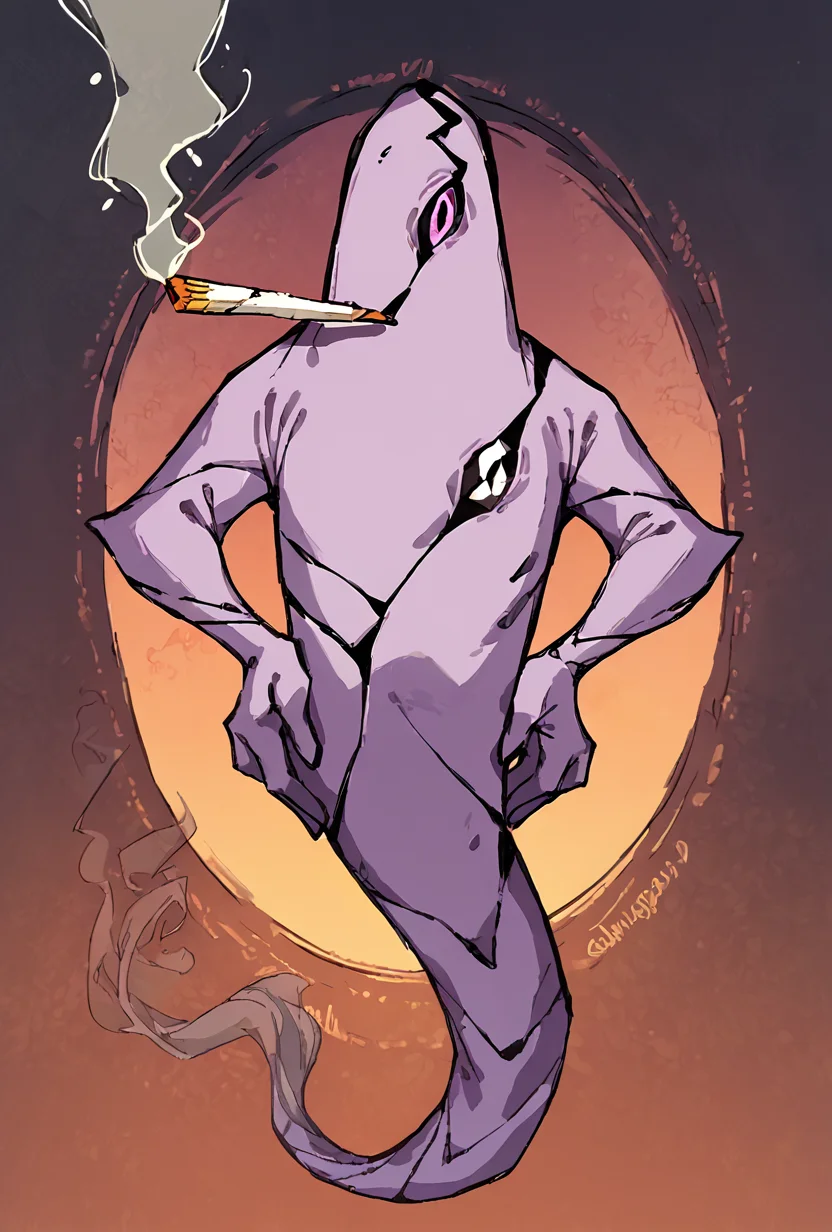 score_9, score_8_up, score_7_up,, good quality ,, character focus, solo, , best quality , detailed background, <lora:ghostfreak-05:1> ghostfreak, solo, no humans, purple eye, ghost, simple background <lora:DoobieRalsei:1> dubi3, full body, standing, chibi, looking at viewer, hands on own hips, cigarette, smoke