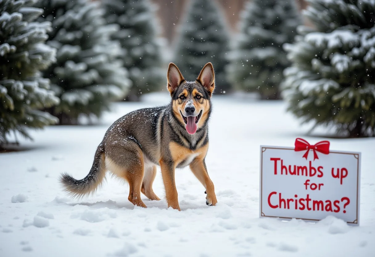 A feral dog playing in the snow, Christmas trees, Christmas, snowing. Happy, outside, a sign on the ground reading "Thumbs up for Christmas?"