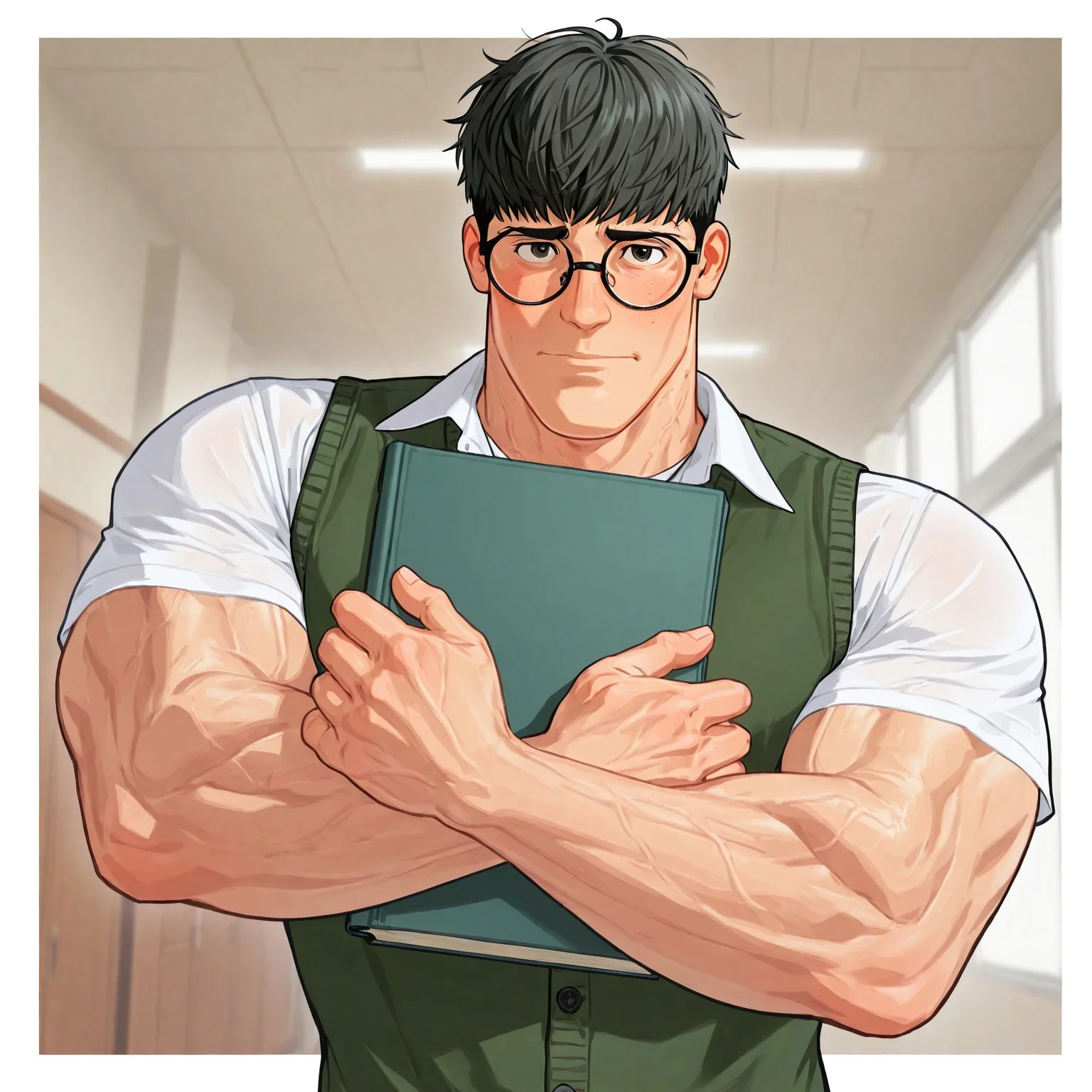 masterpiece, best quality, newest, absurdres, highres, white borders around characters, dim Light, dark soft light, school hallway, BREAK bara, muscular male, male focus, 1man, male focus, pecs, muscles, 1boy, nerd, nerdy, bowlcut hair, bowlcut, black hair, messy hair, no facial hair, no body hair, hairless body, hairless face, clean face, glasses, round glasses, thick glasses{{beefy}}, {{muscular}}, {{large}}, {{tall}}, portrait, HD, detailed face, veiny neck, veiny arms, upper body focus, timid, shy, portrait, face close up, close up shot, athletic, very awa, best quality, absurdres, newest, perfect quality, mouth closed, hugging books, white shirt, short sleeves, buttoned shirt, chest covered, body covered, pecs covered, green vest, looking at viewer, light skin, upper body focus, thin waist