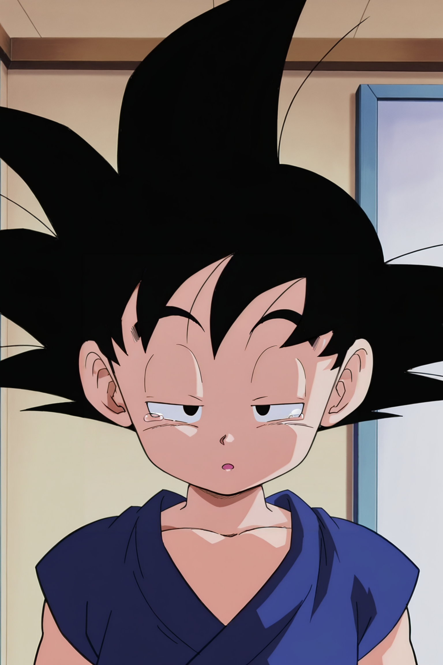 anime screencap, masterpiece, best quality, amazing quality, very aesthetic, absurdres,  newest, official style,
son goku, meme, official style, path to power, gt outfit, solo, looking at viewer, open mouth, black hair, 1boy, upper body, male focus, tears, :o, black eyes, indoors, half-closed eyes, spiked hair, close-up, male child, sad, dougi, blue topwear
 <lora:SonGoku_IL:0.8>