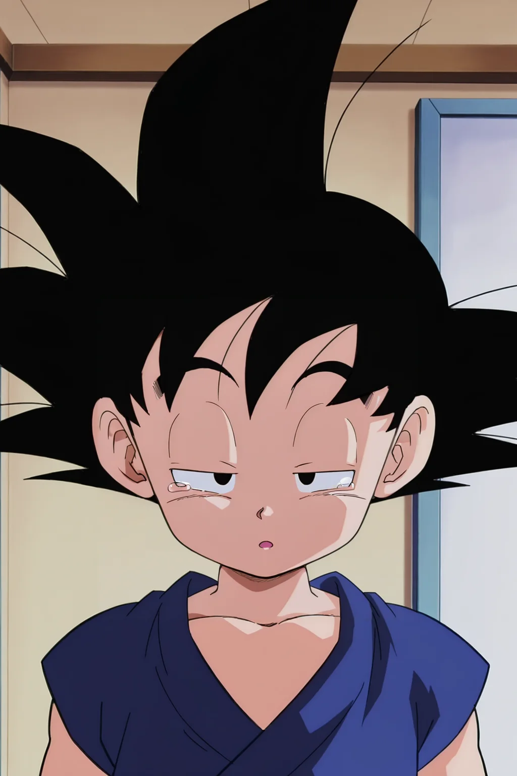 anime screencap, masterpiece, best quality, amazing quality, very aesthetic, absurdres, newest, official style,
son goku, meme, official style, path to power, gt outfit, solo, looking at viewer, open mouth, black hair, 1boy, upper body, male focus, tears, :o, black eyes, indoors, half-closed eyes, spiked hair, close-up, male child, sad, dougi, blue topwear
<lora:SonGoku_IL:0.8>