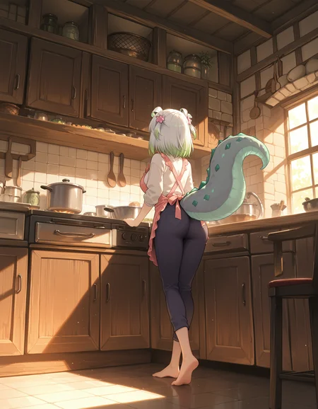 <lora:midis_LargeRoom_V0.5[IL]:1> , largeroom,  <lora:midis_Midori_V1[IL]:1> , midori, white hair, tail, kitchen,, masterpiece,best quality, very aesthetic,absurdres,newest,