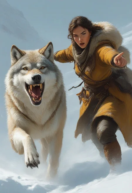 Ranger and Wolf, 1woman, pointing, charging, winter coat, tundra