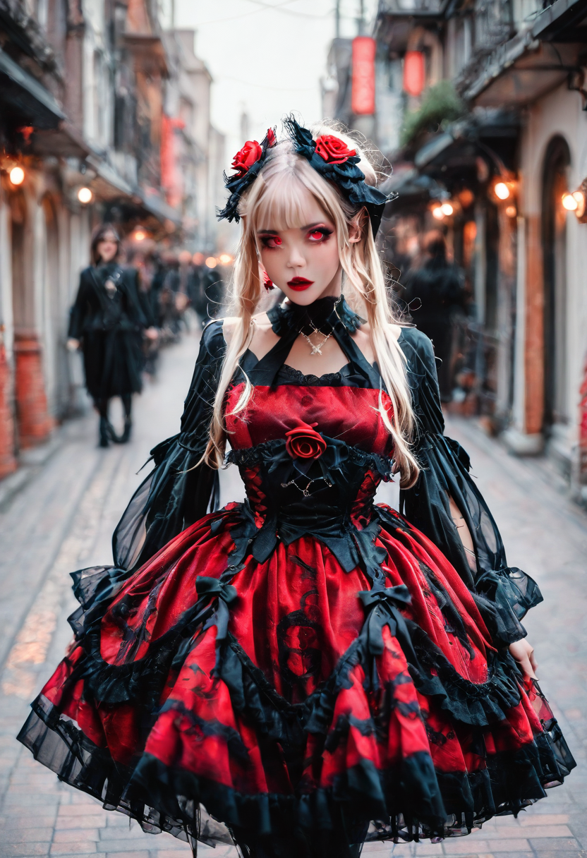 <lora:Illustrious_Realistic_Fashion_Collection_-_Gothic_Lita:1> girl wearing a gothic fashion dress, on the street, black and red dress with roses, subsurface scathering, depth of field, skin pores, detailed skin, masterpiece, best quality, newest, absurdres, highres, feeling, impact, very awa, dim lighting, sidelighting, skindentation, amazing quality, scenery, very aesthetic, newest, volumetric lighting, blending, <lora:add-detail-xl:1> <lora:cfg_scale_boost:1> <lora:sdxl_enhance:1> <lora:spo_sdxl_10ep_4k-data_lora_webui:1>
