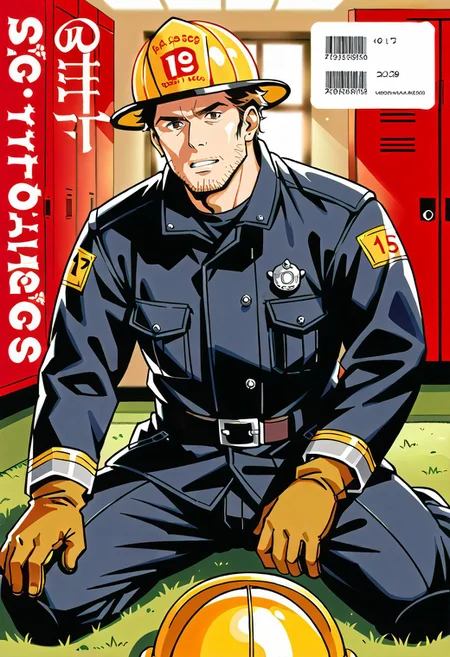 safe_pos, (Aaaild, Aaadjd, manga_cover_style, cover_page_style, magazine_cover_style, text:1.3) source_anime, safe_pos, perfect anatomy, perfect proportions, best quality, masterpiece, high_resolution, high quality, (solo focus, male focus, male only, bara, gay, homo, mature, masculine, manly, virile, macho, hunky, rugged, middle-age, daddy, dilf, handsome), alluring, seductive, heroic, serious, grim, stern, unsociability, bluntness, gruffness, naughty face, moaning, dazed, looking away, focusing gaze, BREAK (mature man, brown eyes, blond hair, sideburns, unkept facial hair), BREAK (EPFireFighter, wearing EPFireFighter, jacket, black jacket, pants, black pants, helmet, yellow headwear, gloves, brown gloves), BREAK sitting on grass ground, lying on back, relaxed pose, leaning slightly, one knee bent upward, legs spread, hand supporting head, contemplative expression, horny, kinky, domination, heavy breathing, enticed, excessively sweaty shiny skin, shading, countershading, indoors, bright atmosphere, locker room background, s