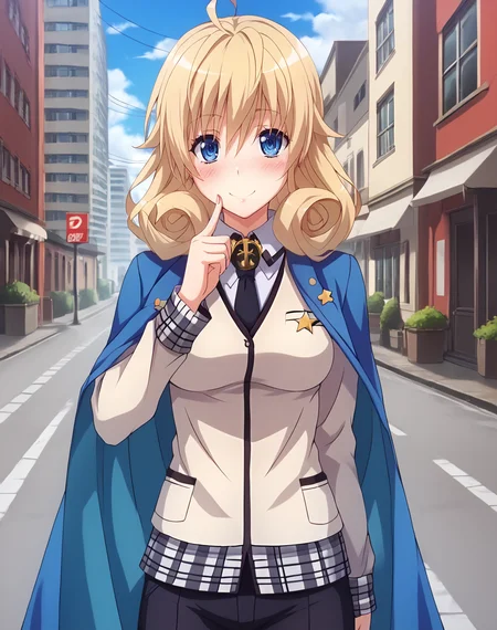 le_fay_pendragon, blue eyes, medium hair, blonde hair, medium breasts, with outfit, cream colored cardigan,white shirt under cardigan, necktie, black miniskirt, blue cape,  BREAK outdoors, city street BREAK  idol pose, looking at viewer, smile, flirty, blush, cowboy shot  BREAK score_9, score_8_up, score_7_up, source_anime ,zPDXL, perfect hand,  <lora:Le_Fay_Pendragon:0.8>,  <lora:DXD_Hero_Style:0.6>