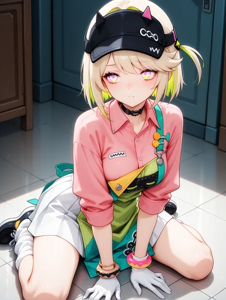 masterpiece, best quality, perfect hands, amazing quality, solo, imtdcozzz, 1girl, 22 years old, multicolored hair, shirt, pink shirt, two-tone hair, colored inner hair, green hair, blonde hair, apron, collared shirt, choker, purple eyes, pink eyes, green eyes, multicolored eyes, gloves, black headwear, skirt, hat, bracelet, white gloves, visor cap, white skirt, bangs, loose socks, shoes
