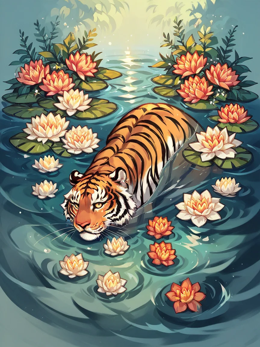 score_9, score_8_up, score_7_up, score_6_up, score_5_up, score_4_up, tiger <lora:yum4rtXLP:0.7> yum4rt, plants, water, flowers