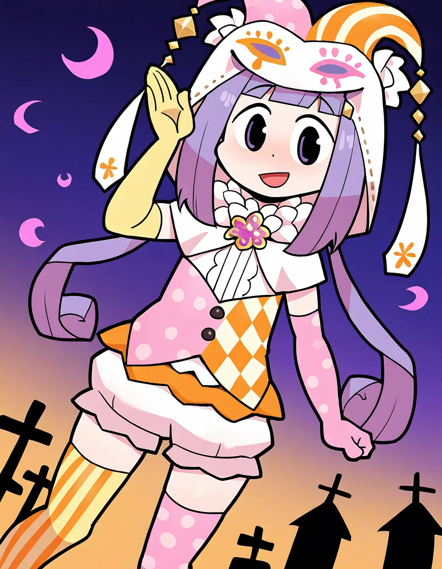 masterpiece, best quality, newest, absurdres, highres, safe, 1girl, yume urara \(halloween costume\), magia record: mahou shoujo madoka magica gaiden, papa \(shimeguru\), yellow-pink elbow gloves, thighhighs, solo, open mouth, outdoors, dutch angle, <lora:yume_urara_noobaiXLNAIXL_vPred10Version:0.7>