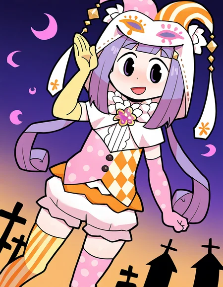 masterpiece, best quality, newest, absurdres, highres, safe, 1girl, yume urara \(halloween costume\), magia record: mahou shoujo madoka magica gaiden, papa \(shimeguru\), yellow-pink elbow gloves, thighhighs, solo, open mouth, outdoors, dutch angle, <lora:yume_urara_noobaiXLNAIXL_vPred10Version:0.7>